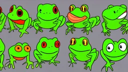 game sprite sheet of 30 images of stylized frog, view from six different angles covering 360°, collection sheet, arcade game, digital art