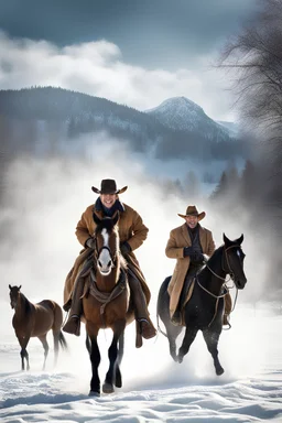 inspired by all the works of art in the world - laughing - an old cowboy, wearing a cowboy hat and long, trench coat leads a horse through the snow, full body image, Absolute Reality, Reality engine, Realistic stock photo 1080p, 32k UHD, Hyper realistic, photorealistic, well-shaped, perfect figure,