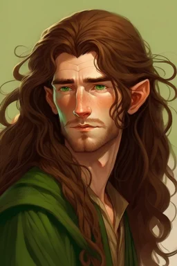 Hobbit, braune lange wilde Haare, große, dicker Nase, gepflegter kurzer Bart, kein Vollbart, grüne Augen, schlank, hübsch, sehr jung (etwa zwanzig Jahre) , Druide