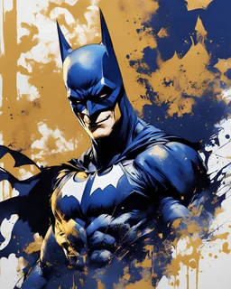 , poster in two gradually, painting by Yoji Shinkawa, a one side Batman darkblue and other side Joker gold tones,