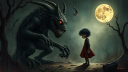 gentle, protective monsters protects the alone child against bad evil people, random background random, deep dark color, , moon, mist, rain, highly detailed, weird , surreal dark fantasy mood style like T. Burton