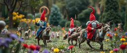 depth of field, halo, blue and red clothed gnomes riding cats with lances in garden of eden in the style of Escher and Giger