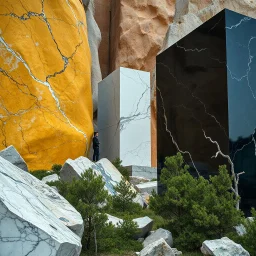 Un'immagine di un paesaggio naturale con marmi gialli e blu scuro, imponenti, accanto a strutture artificiali. Queste strutture sono blocchi rettangolari riflettenti, che creano un contrasto tra il naturale e l'artificiale. Elementi brutalisti si ergono solitari. Persona osserva. bianco con venature e solchi. Magma liquido nero. La scena trasmette un senso di sospensione e dialogo tra elementi organici. Dettagli degli specchi e delle rocce molto accentuati. Alberi. Hasselblad h6d400c