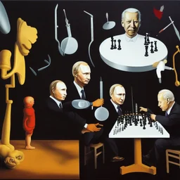 Complex Surgical Instruments crossing over Putin,President Xi jinping,Joe Biden Play Chess with a Newborn Boy,black background,surrealism,minimalism,Painting By Adrian Ghenie,Michelangelo,Rene Magritte,Lucian Freud,Salvador Dali,Pablo Picasso