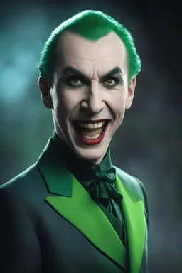 Bela Lugosi as Count Dracula the Joker, laughing maniacally, Short, buzz-cut green hair tapered on the sides, green eyebrows - Blue eyes - full color - 32k, UHD, 1080p, 8 x 10, glossy professional quality digital photograph - dark foggy gradated background, historic, powerful, octane rendering, exquisite detail, 30 - megapixel, 4k, 85 - mm - lens, sharp - focus, intricately - detailed, long exposure time, f8, ISO 100 - back - lighting, ((skin details, high detailed skin texture))