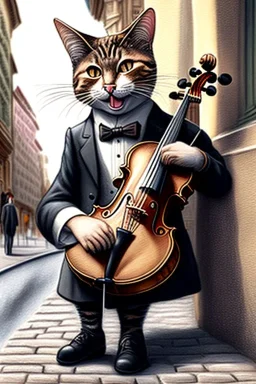 One single mature cat playing violin on the street, Vienna, smiling, model style, hyper realistic, extremely accurate, delicate, extremely detailed, Graphic novel style, wide-angle, open aperture, superfine pencil