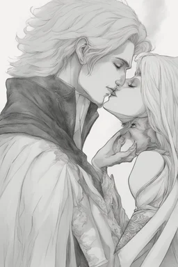 Strahd Von Zarovich being kissed by a beautiful woman with white hair. Settling and background are a lavish toomb with an ebony coffin.