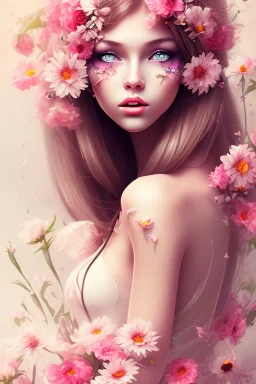 Girl covered by flowers, cute, beautiful