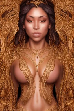 Portrait of a ornate and intricately detailed beautiful female tan skinned goddess queen :: open robes :: exposed breast :: perfect proportions :: flawless eyes :: by Artgerm :: hyperrealistic, hyper detailed, photorealistic :: a masterpiece, incredible composition, amazing depth, imposing, meticulously composed, 16k resolution concept art