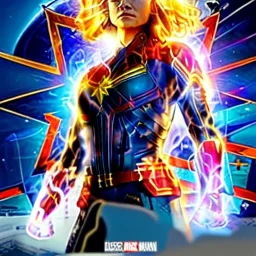 Captain Marvel,flying in the sky, hair on fire, realistic, vibrant colors, Kate beckinsale's face, long hair, gold angel wings, full body, in space, muscular, hyperrealistic