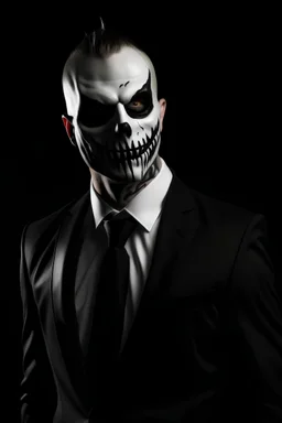 رجل مخيف مع قناع ابيض مرعب يرتدي بدله سوداء مع ظلال ودماء علي وجهه