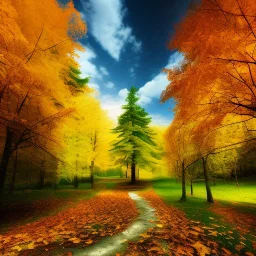 fall forest walkway fallen tree leaves , very beautiful environment and sky