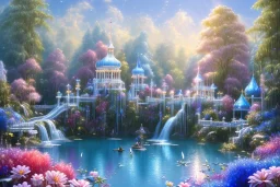  white and gold crystal PALACE，waterfall, BLUE LAKE, SWANN,flowers, flower trees, sky pink blue, full of details, smooth, bright sunshine，soft light atmosphere, light effect，vaporwave colorful, concept art, smooth, extremely sharp detail, finely tuned detail, ultra high definition, 8 k, unreal engine 5, ultra sharp focus