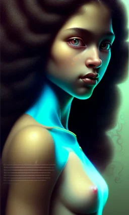 young girl, cute, beautiful, long curly hair, black hair, light green skin, flat nose, black eyes, big eyes, turquoise dress, head and shoulders portrait, 8k resolution concept art portrait by Greg Rutkowski, Artgerm, WLOP, Alphonse Mucha dynamic lighting hyperdetailed intricately detailed, avatar pandora