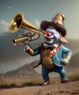 mechanoid happy friendly fat clown playing jazz with a steampunk theme, trumpet, realistic