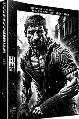 white skin man , book cover design reflecting the journey of a young, ex-boxer fighting immigrant with a heavy past and long path of challenges. The design captures his hopeful spirit amidst adversity, portrayed in a modern setting with a black and white color scheme that adds depth and emotion to his character.