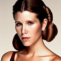 extrem realistic analog style photography of carrie fisher by Annie Leibovitz, soft ethereal skin, symmetrical short hairstyle,studio lighting, sharp brown eyes, dark plain background