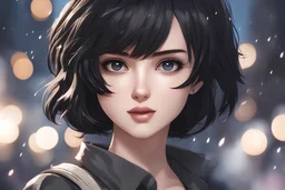 elizabeth with short black hair in 8k 2D anime realistic drawing style, elizabeth custom, close picture, rain, highly detailed, high details, detailed portrait, masterpiece,ultra detailed, ultra quality