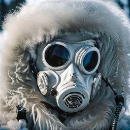 close up documentary photography, Yeti In a Respirator, winter, Alberta, all-natural, in the style of candid, imperfection, natural lighting, light-focused, amateur shot, shot on Agfa, taken with Hasselblad --ar 4:5 --w 150 --style raw