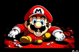 mario laying on the floor , super mad