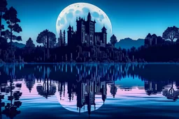 lost castle in the middle of a lake seen from shore with full moon in background at night