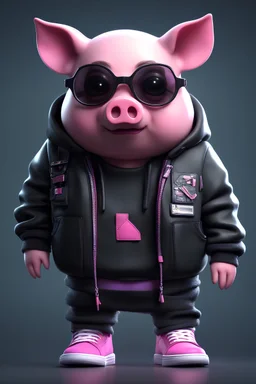 cartoon cute Pig with white and sneakers, Cyberpunk realism style, front view,wearing a pair of black glasses, zbrush, Arys Chien and light magenta, lit children, 32k uhd, street fashion, round,8k,HD