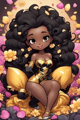 A sassy thick-lined comic book art cartoon black chibi girl lounging lazily on her side, surrounded by flower petals. She has a golden lion tail curling playfully behind her curvy body. Looking up coyly, she grins widely, showing sharp lion teeth. Her poofy hair forms a mane framing her confident, regal expression.