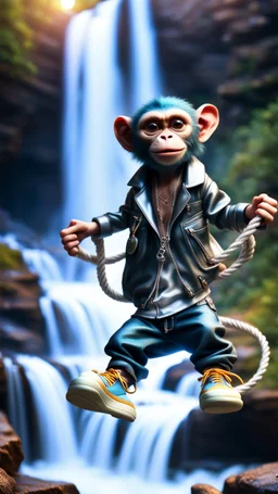 magazine cover, twisted rock star alien gremlin monkey rapper crew with silver boots as a pimp holding rope rushing down heavens waterfall,bokeh like f/0.8, tilt-shift lens 8k, high detail, smooth render, down-light, unreal engine, prize winning