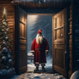 santa claus standing in the doorway in cosy hut in snowy misty forest, 8k, down-light, soft light, depth of field, photo realism, trending on art station, high detail