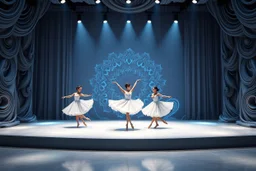 modern stage with gray-blue theme artistic decoration , color full dynamic lighting, a beautiful 3 ballerinas dancing, 3D recursive fractal structure animating background