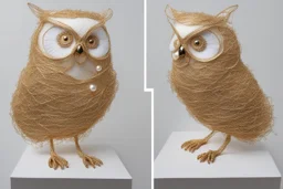 owl sculpture made of gold wire, real pearls, driftood and cotton balls