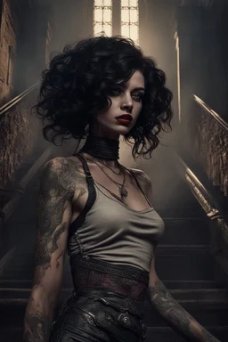 scarred cyberpunk vampire girl with tribal tattoos short curly dark cyberpunk hair descending the staircase in decaying dark mansion on fire