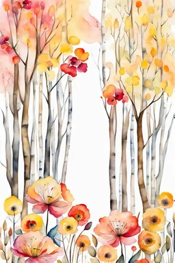 red, orange, yellow, pink flowers before birches. stylized watercolor, extremely textured botanical theme