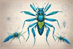 Hand drawn technical,full body illustration , with detailed blueprints and engineering schematics of a hybrid walking leaf insect biomechanical woman, with highly detailed facial features, drawings, and technical notation, 8k, vibrant natural colors