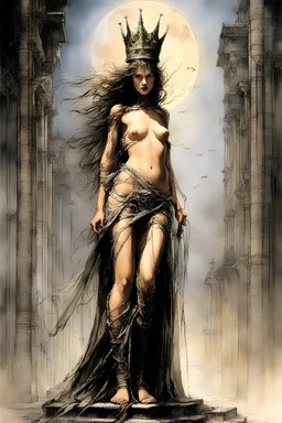 Hyper-photorealistic watercolor art style by Luis Royo & Stephan Martiniere, Surreal fine art etching of a figure by Luis Royo, tanned skin inscribed with the transient story of mortality, ethereal light playing with its form whispering tales of an eternal realm, eyes, black as the depths of the night, ardently pinand looking towards the endless skies, a crown of black hair mirroring the mystery of the cosmos around, whole scene tinged with an ethereal softness from volumetric lighting, hues gr,