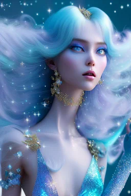 woman glitter blue fairy in a galactic ambiance, long blue hair, detailed gorgeous smile, delicate colors in the foreground, full of details, smooth, light effect，vaporwave colorful, smooth, extremely sharp detail, finely tuned detail, ultra high definition, 8 k, unreal engine 5, ultra sharp