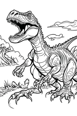 A coloring page, white background T-Rex standing triumphantly over a defeated rival, roaring triumphantly to assert its dominance and claim ownership of the territory. Kids can color the scene with bold colors to highlight the T-Rex's victory. ink drawing clipart, simple line illustrations, colored