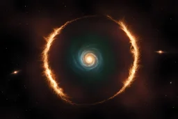 A supernova explosion's blast wave is spreading in a circle outward in all directions, overtaking green and blue worlds, ripping them apart and spreading debris into a ring around the dead star.