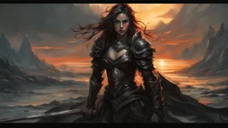 A formidable warrior girl in black armor, on the background Amazing gloomy landscape, flooded with sunset, mountains, trees, fabulous scary hero, , juicy emotions, painting, dark fantasy, gloomy day, dark world, portrait, by Alyssa Monks & Raymond Swanland & James Paick & Anna Razumovskaya