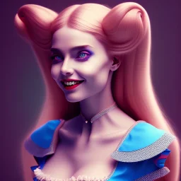 3D close-up of a beautiful "Alice in the wonderland", sarcastic smile, high contrast, glowing backlighting, blue and red backlighting, vibrant hair, dark brown eyes, sharp focus, high makeup, medium face painting, background blur.