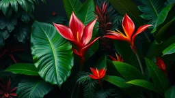 fantasy, Lush tropical foliage with large green monstera leaves, vibrant red heliconia flowers, and other verdant plants against a dark background, adventure core, soft and dreamy depictions, epic eerie