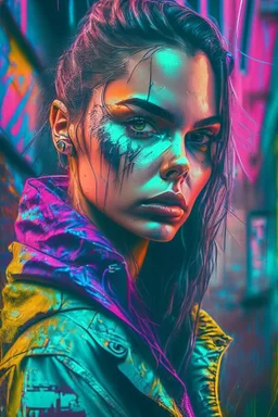 beautiful woman set against a gritty urban backdrop, The image should be highly detailed and intricate, with a sharp focus on the woman features, and a neon color palette that pops against the dark background, the style should be reminiscent of street art and urban culture, with exaggerated and stylized features that give the portrait a larger-than-life feel, trending on artstation and instagram, art inspirations include banksy, Shepard Fairey, and lady pink, set against a gritty urban backdrop,