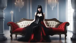 Full-body shot, of slender goth woman, lying on a couch, long straight brunette hair with bangs, fair skin, red lips, slender, flared skirt, corset, stockings. fantasy background.