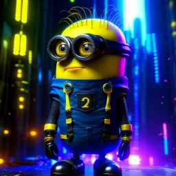 "Generate an edgy and inventive artwork reimagining the 'Minions' from 'Despicable Me' as tech-savvy hackers. Infuse them with a cyberpunk aesthetic, outfitting them with futuristic attire, augmented reality glasses, and high-tech gadgets. Place them in a neon-lit, bustling metropolis filled with digital interfaces and holographic displays. Convey a sense of unity and purpose as they work together in this cybernetic world, showcasing their newfound proficiency in hacking and digital mischief."