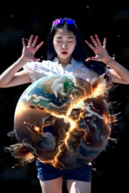 An image of a young Korean woman with a eyes closed expression happy, holding her hands up as if she is reacting to a catastrophic event in front of her. Film, cinematic, realistic, extreme depth of field, She is wearing a white blouse with detail, blue shorts, and sunglasses pushed up onto her head. In front of her, there is a highly detailed planet resembling Earth, dramatically cracking and breaking apart with fiery explosions and molten lava visible at the fractures.