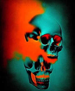 broken realistic skull. black background. smoke and explode. particles in air. teal and orange. abstract. beksinski.