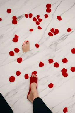 perfect picture of a woman's feet (5 toes) with marble floor as background and red nail polish