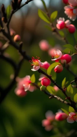 Spring is coming, fresh red peach blossoms and buds, flowers are blooming. There are green dates hanging on the branches. The night came early, the dawn came late, the buckets were full of flowers, and dew was at the door.