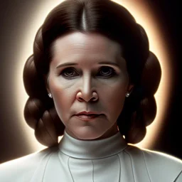  half-length portrait, three-quarter face pose of carrie fisher as Princess Leia in star wars with photo realistic fine and very simple short hair, entrancing deep brown eyes, eos5d mark 4, ef 85mm 5.6, professional majestic photo realistic painting by Ed Blinkey, Atey Ghailan, by Jeremy Mann, Greg Manchess, Antonio Moro, trending on ArtStation, Intricate, High Detail, Sharp focus, dramatic, by greg rutkowski, realism, beautiful and detailed lighting,