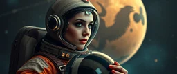 portrait of space gypsy bloodsucker astronaut, sexy one, holding her helmet in lap, goa trance halloween glam rock soul opera, explorer new frontier, meeting with two new races beyond our star system
